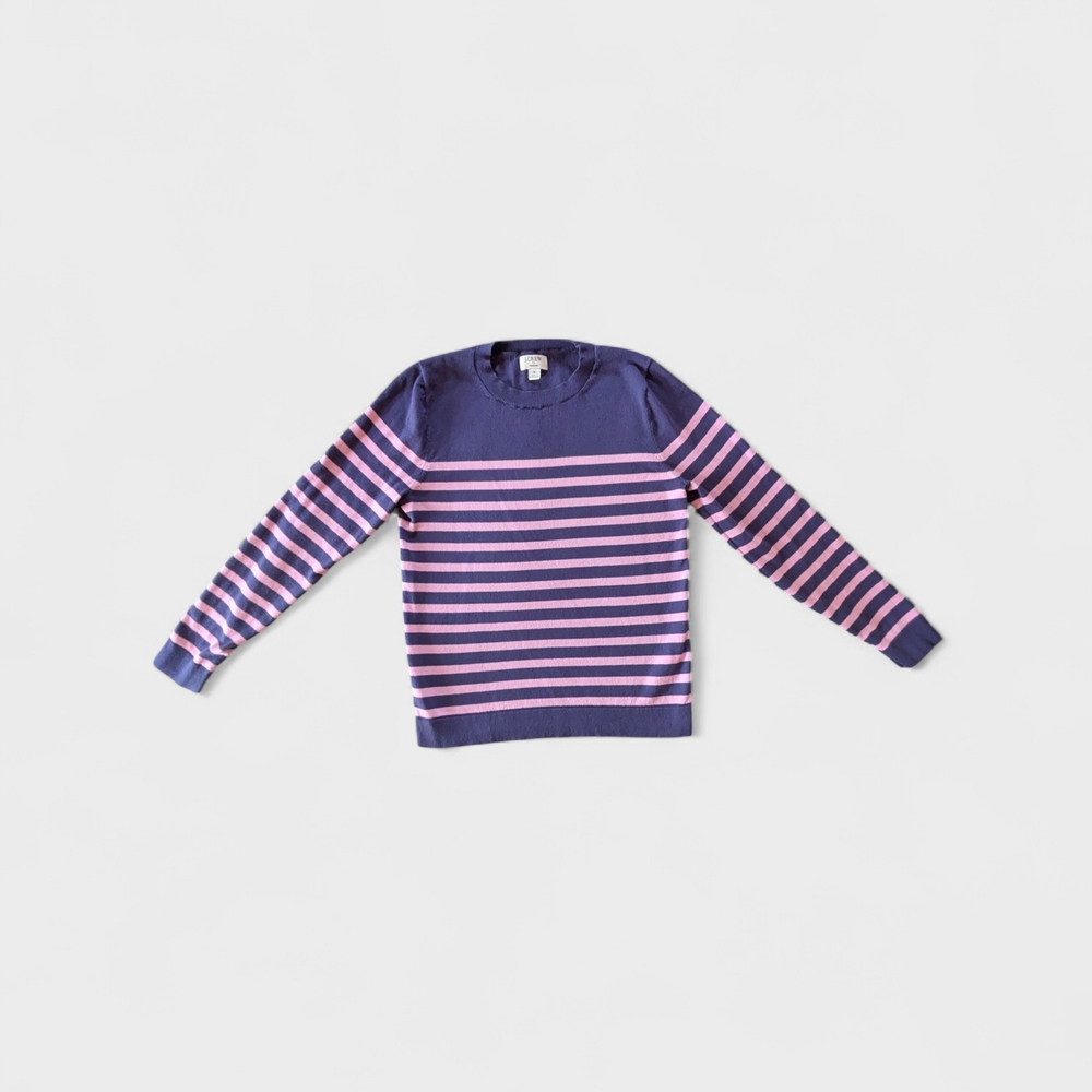 ​J.Crew Teddie Sweater S Navy Pink Striped 100% Cotton Crewneck Preppy Knit